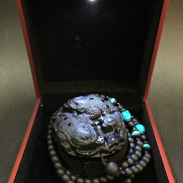 Triple Money Toad Black Jade Pendant With Crystal Beaded Necklace