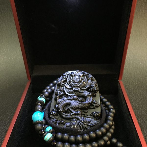 Dragon Black Jade Pendant With Crystal Beaded Necklace